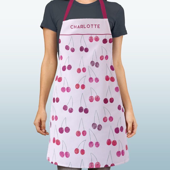 Cherry Pink Watercolor Personalised Apron (Pretty watercolor cherry pink pattern personalized custom name text apron)