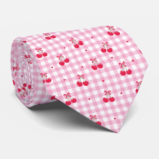 Cherry Plaid Heart Valentine Pattern  Tie (Rolled)
