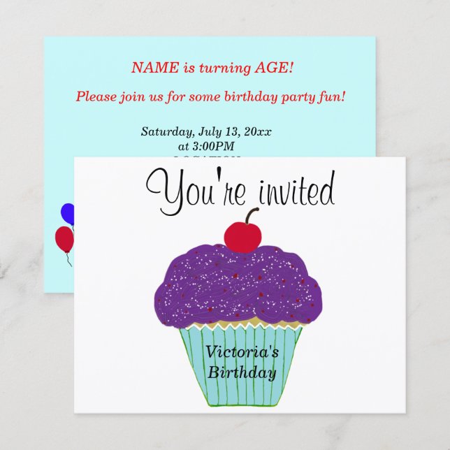 Cherry Purple Frosting Vanilla Cupcake Any AGE Invitation (Front/Back)