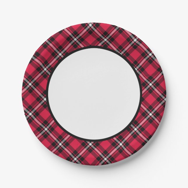 Cherry Red and Black Plaid Border Paper Plate (Front)