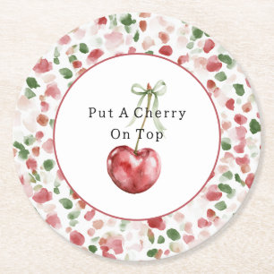 Cherry Red Apple Green Petals Round Paper Coaster