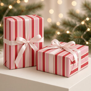 Cherry Red Blush Pink Striped Christmas  Wrapping Paper