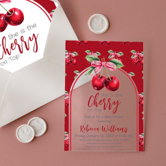 Cherry Red Coquette Bow Girl Baby Shower Acrylic Invitations (Creator Uploaded)