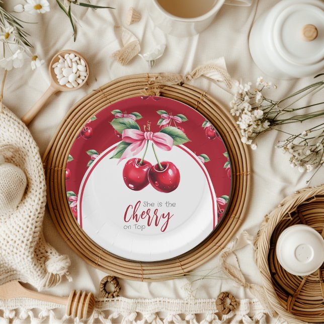 Cherry Red Coquette Bow Girl Baby Shower Paper Plate (Creator Uploaded)
