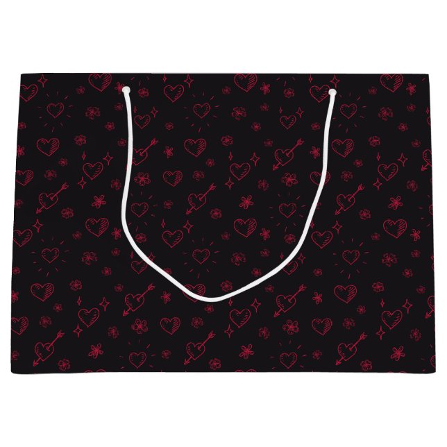 Cherry Red Doodle Flowers and Hearts Patterned Large Gift Bag (Front)
