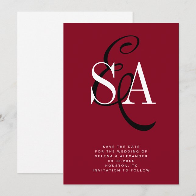 Cherry Red Elegant Script Monogram Wedding Save The Date (Front/Back)