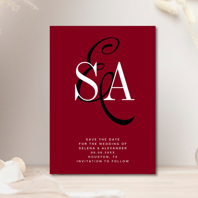 Cherry Red Elegant Script Monogram Wedding Save The Date (Creator Uploaded)