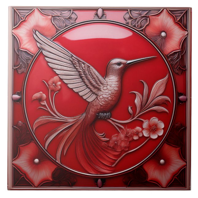 Cherry red faux relief Art Nouveau Hummingbird R Tile (Front)