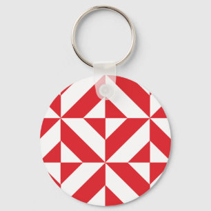 Cherry Red Geometric Deco Cube Pattern Key Ring