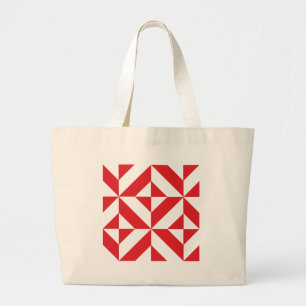 Cherry Red Geometric Deco Cube Pattern Large Tote Bag