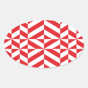 Cherry Red Geometric Deco Cube Pattern Oval Sticker