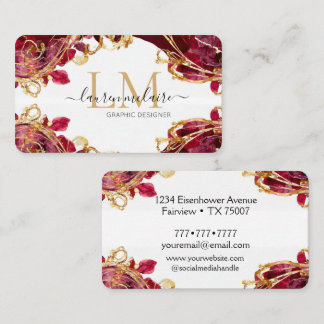Cherry Red & Gold Monogram Script Business Card