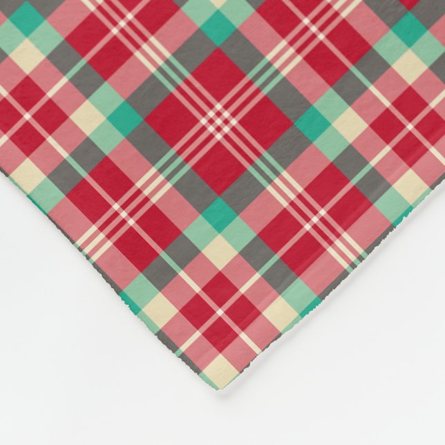 Cherry Red, Green and Cream Retro Christmas Plaid Fleece Blanket (Corner)