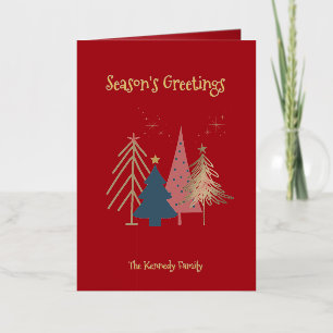 Cherry Red Green Pink & Gold Christmas Trees Foil Greeting Card