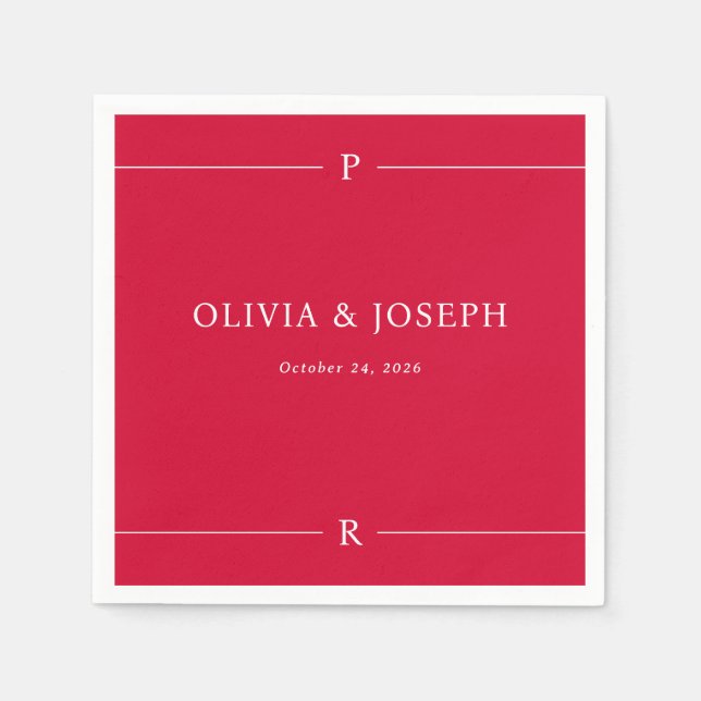 Cherry Red | Modern Lines and Monogram Wedding Napkin (Front)