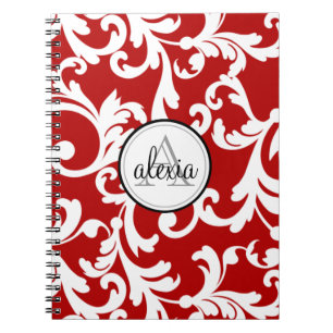 Cherry Red Monogrammed Damask Print Notebook