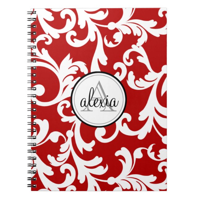 Cherry Red Monogrammed Damask Print Notebook (Front)