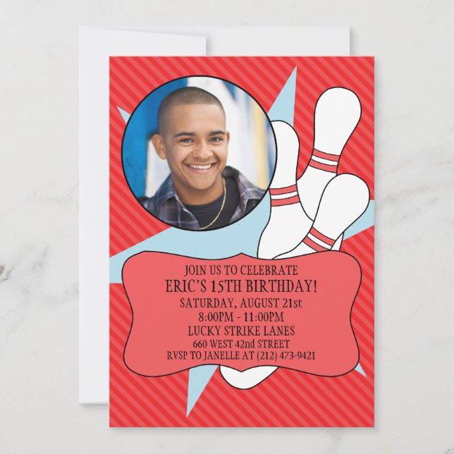 Cherry Red No Time To Spare Bowling Party Photo Invitation (Front)