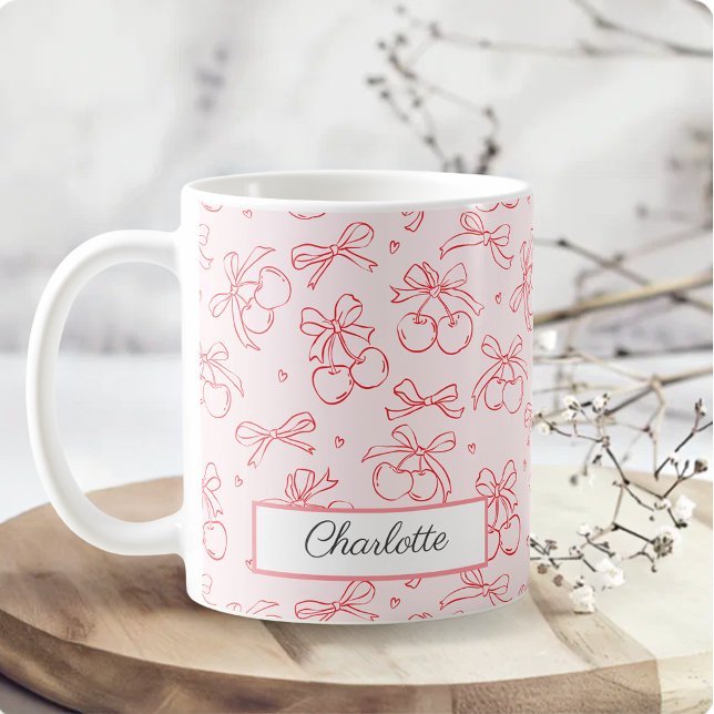 Cherry Red Pink Bow Coquette Personalised Name Coffee Mug (Creator Uploaded)