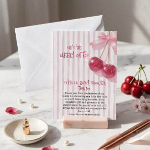 Cherry Red Pink Bow Retro Girl Shower  Thank You Card