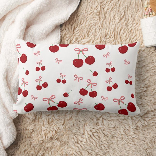 Cherry Red Ribbon Seamless Pattern Cute Fruit  Lumbar Cushion (Blanket)