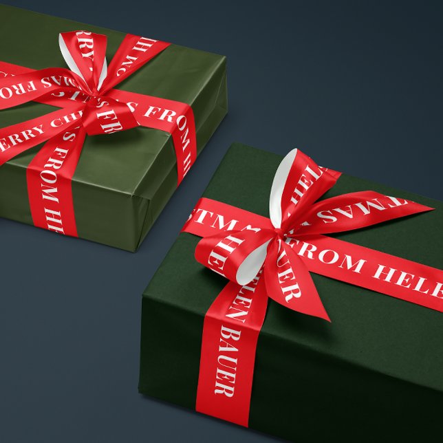 Cherry Red Simple Text Merry Christmas Gift Satin Ribbon (custom text in white on cherry red Christmas satin gift wrap ribbon)