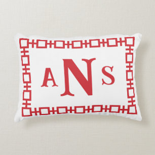 Cherry Red Square Greek Key Monogram Decorative Cushion