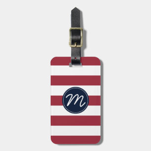 Cherry Red Stripe with Navy Blue Monogram Luggage Tag