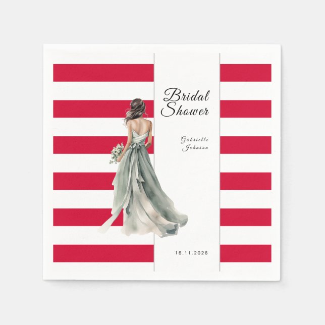 Cherry Red Stripes Watercolor Bridal Shower Napkin (Front)