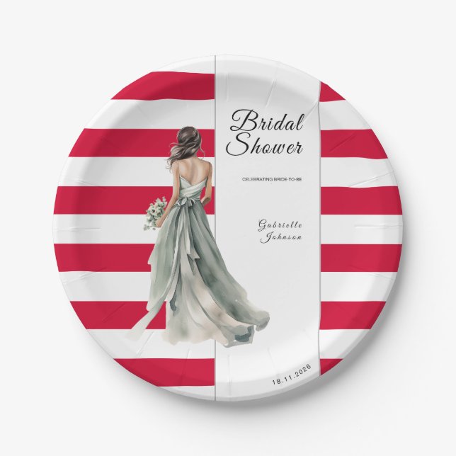 Cherry Red Vivid Stripes Watercolor Bridal Shower Paper Plate (Front)