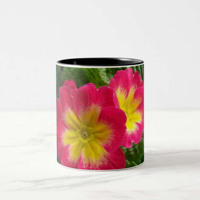 Cherry Red Yellow Primroses Two-Tone Coffee Mug (Center)