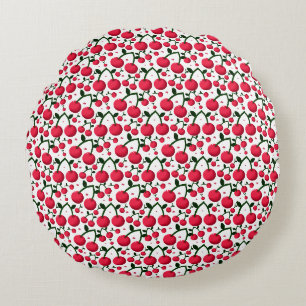 Cherry Seamless Pattern, Red Fruit Pattern, Round Cushion