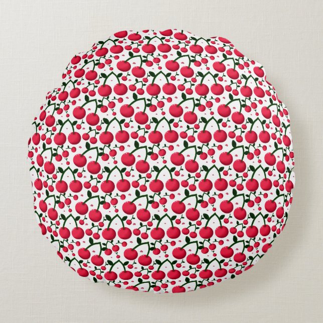 Cherry Seamless Pattern, Red Fruit Pattern, Round Cushion (Front)