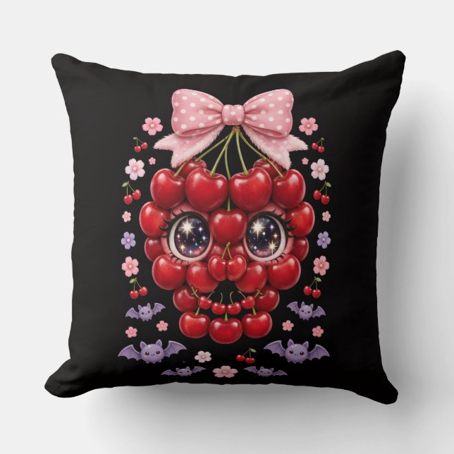 Cherry Skull Bow Throw Pillow Kawaii Halloween Dec (Front)