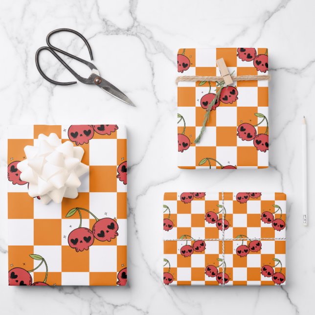 Cherry Skull Chequerboard – Alt Aesthetic Wrapping Paper Sheet (Front)