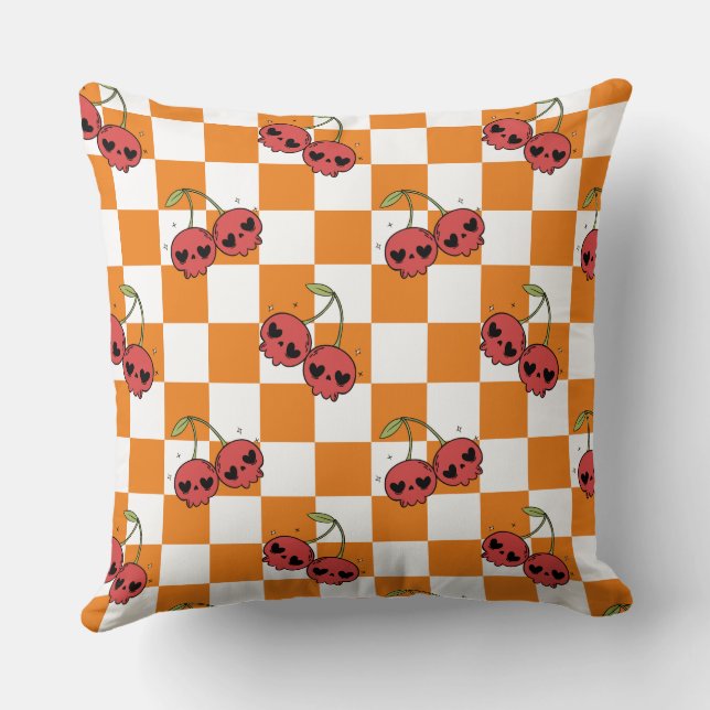 Cherry Skull Chequerboard – Cute Kawaii Vibes Cushion (Back)
