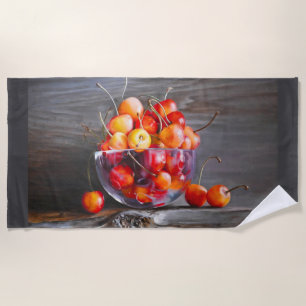 Cherry Still Life in Glass Stretched Canvas Print Beach Towel