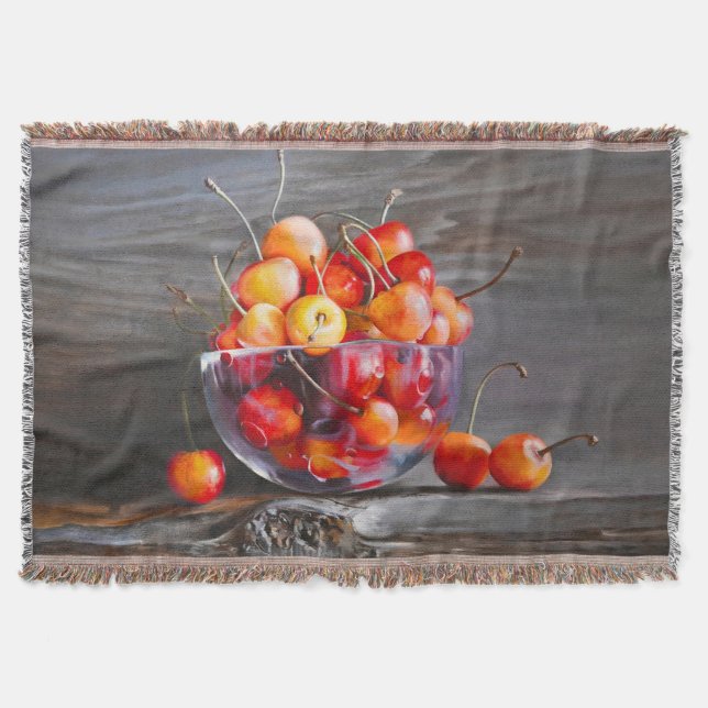 Cherry Still Life in Glass Stretched Canvas Print Throw Blanket (Front)