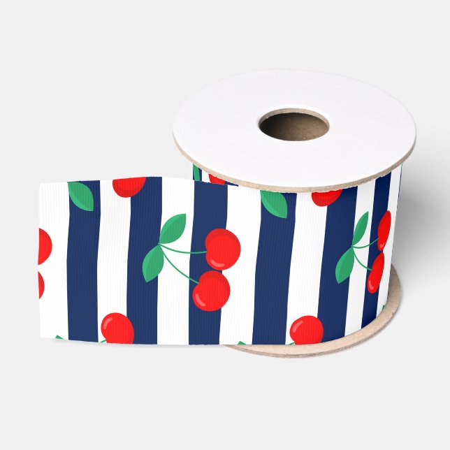 Cherry Stripe Pattern – Retro Fruit Gift & Decor Grosgrain Ribbon (Spool)