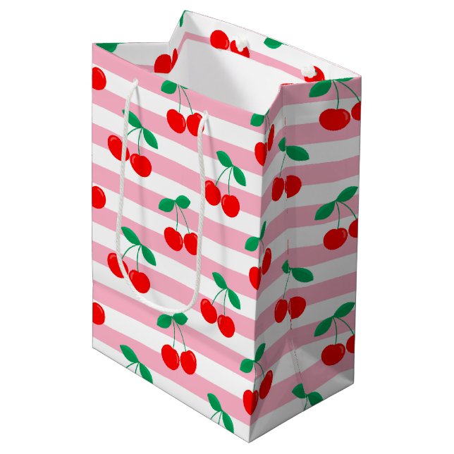 Cherry Stripe Pattern – Retro Fruit Gift & Decor Medium Gift Bag (Front Angled)