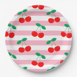 Cherry Stripe Pattern – Retro Fruit Gift & Decor Paper Plate