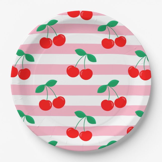 Cherry Stripe Pattern – Retro Fruit Gift & Decor Paper Plate (Front)