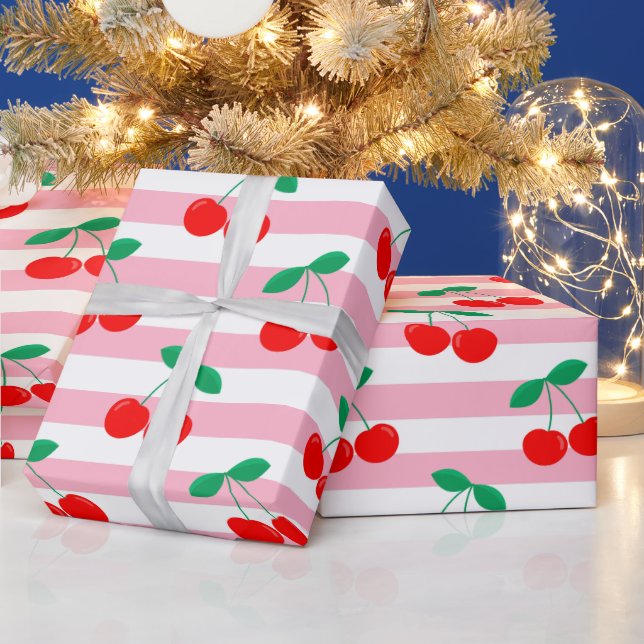 Cherry Stripe Pattern – Retro Fruit Gift & Decor Wrapping Paper (Holidays)