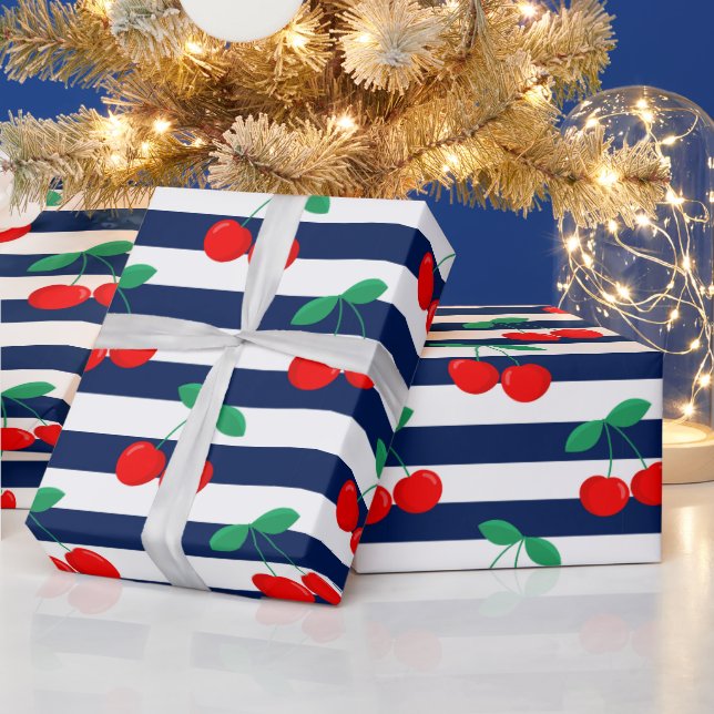Cherry Stripe Pattern – Retro Fruit Gift & Decor Wrapping Paper (Holidays)