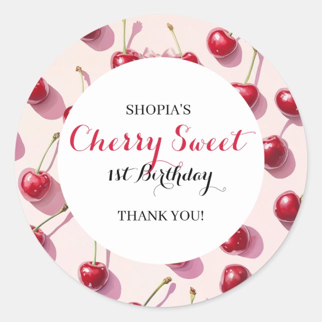 Cherry Sweet 1st Birthday Classic Round Sticker (Front)