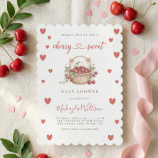 Cherry Sweet Baby Shower Watercolor Fruit Hearts Invitation