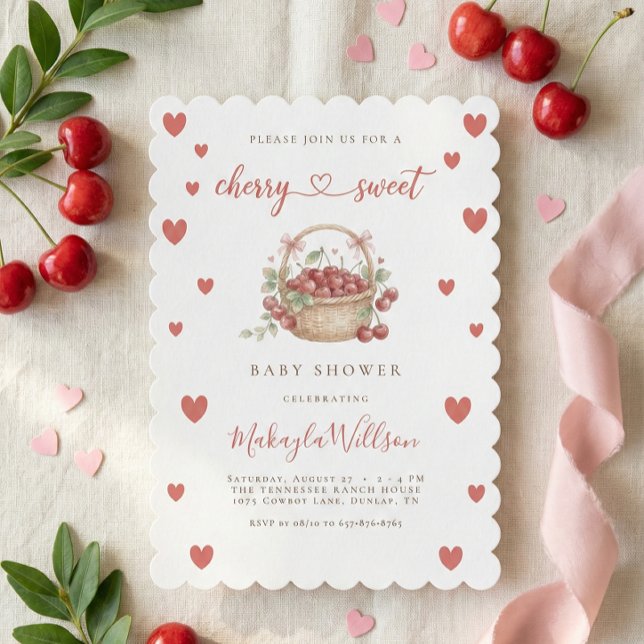 Cherry Sweet Baby Shower Watercolor Fruit Hearts Invitation (Creator Uploaded)