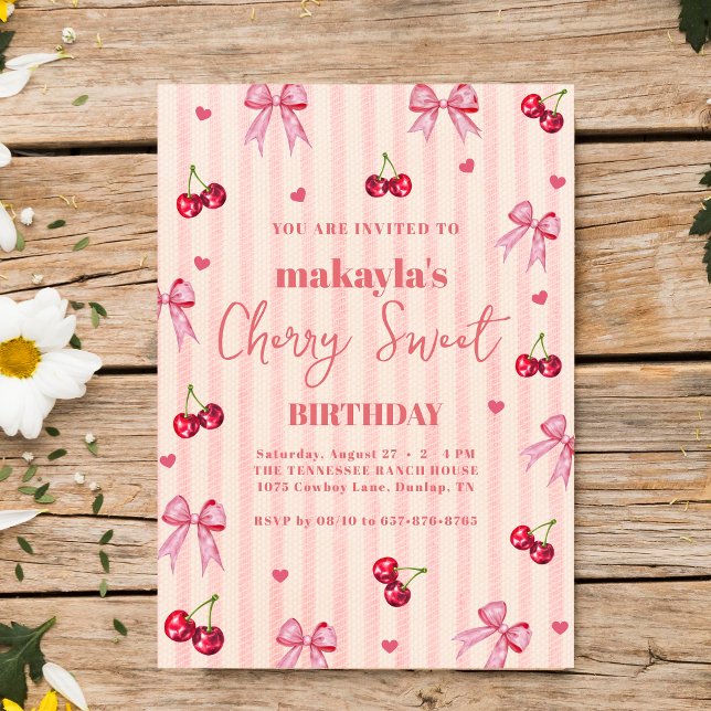 Cherry Sweet Birthday Party pink Bow Girl  Invitation (Creator Uploaded)