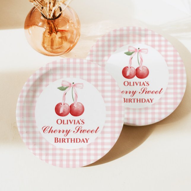 Cherry Sweet birthday Pink Bow Gingham Paper Plate (Creator Uploaded)