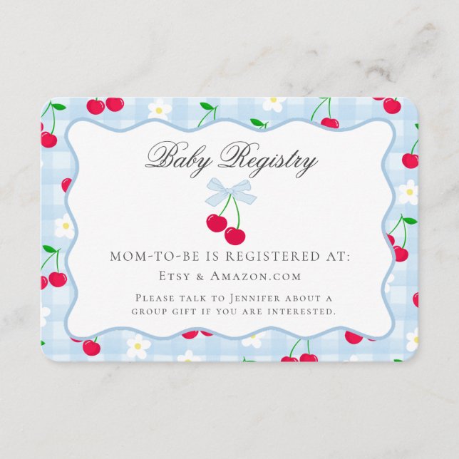 Cherry Sweet Blue Coquette Bow Baby Registry Card (Front)